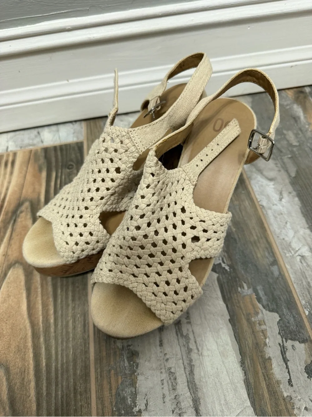 Beige Crochet Slingback Wedge Sandals - Unbranded